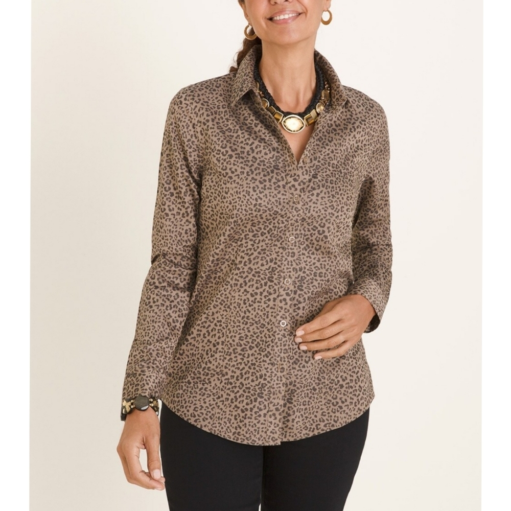 Chico's No-Iron Coolmax All Seasons Cheetah Print Classic Button Down Shirt